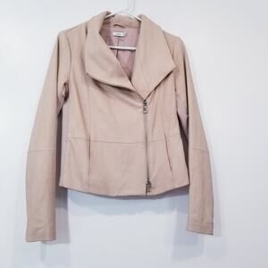 VINCE 100% Goat Leather Merino Wool Ribbed Trim Moto Jacket Double Zipper